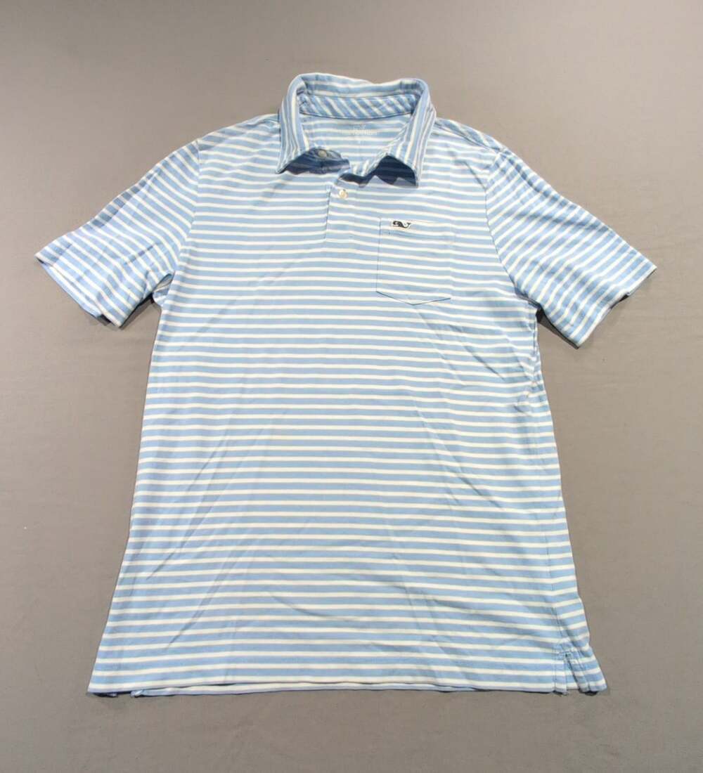 Vineyard Vines Polo Shirt Size L Blue White Striped Pocket Short Sleeve Preppy
